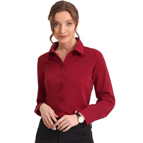 Allegra K Women's Contrast Collar Chiffon Long Sleeve Work Office Blouse  Solid Red Small