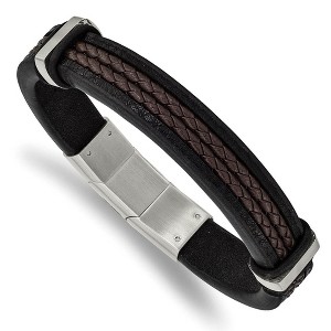 Black Bow Jewelry Stainless Steel, Black/Brown Leather Adjustable Bracelet, 8 Inch - 1 of 4