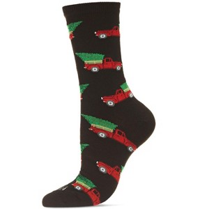 Memoi Women's Christmas Tree Truck Holiday Crew Socks Black 9-11 - 1 of 3