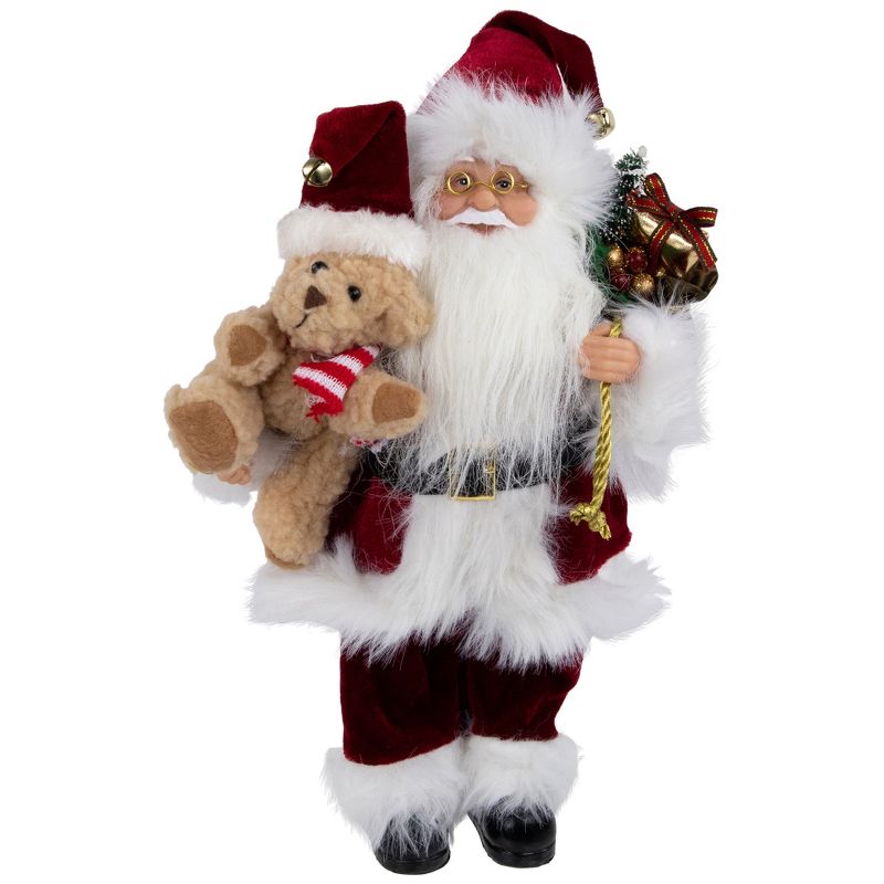 Northlight 12" Traditional Santa Claus Christmas Figure with Teddy Bear and Gift Bag, 1 of 6