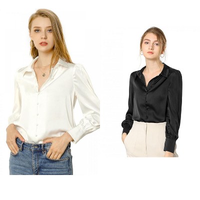 Allegra K Women's Satin Puff Sleeve Point Collar Vintage Button Up Shirt 2 Pcs