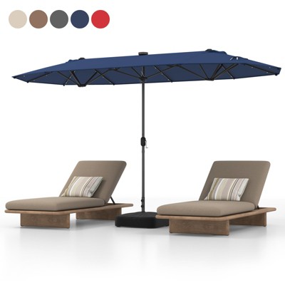 Tangkula 13 FT Patio Umbrella Double-Sided Market Umbrella with 36 Solar-Powered LED Lights Cross Base Included Beige/Grey/Navy/Red/Tan