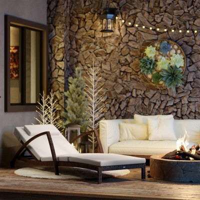 Beige Wicker Outdoor Chaise Lounge with Cushions and Wheels