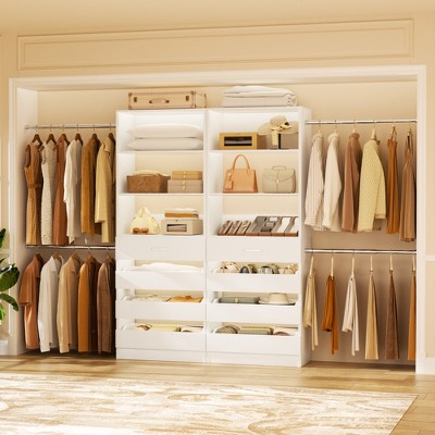 Aheaplus 8-11FT Closet Organizer with Drawers, Walk-in Wardrobe Closet System with 4 Hanging Rods