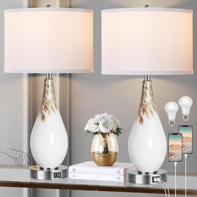 27.5" Modern Art Glass Table Lamps Set of 2, Touch Control Bedside Lamps with USB Ports, 3-Way Dimmable, White Drum Shade – Cuddlewood