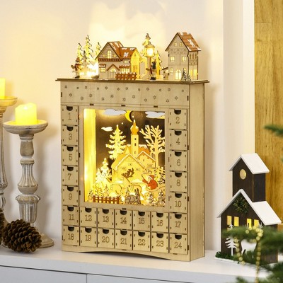 Angel Sar Wooden Advent Calendar with 24 Drawers & LED Lights, Christmas Countdown Calendar with Village Scene, Tabletop Fireplace Mantel Decor