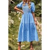 Women's Puff Short Sleeve Smocked Midi Dress Casual Summer Floral Print Elastic Waist Tiered A Line Maxi Dress - 4 of 4