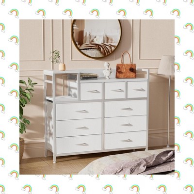 Garvee Black 9 Drawers Willow TV Stand with Charging Station,Wide TV Stand with Open Shelf