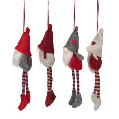 Set of 4 Red and Gray Plush Gnome Christmas Ornaments
