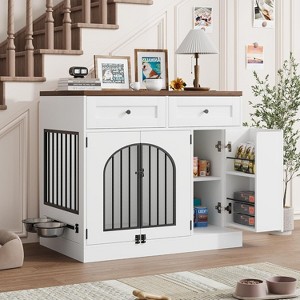 37.5 Inch Dog Crate Furniture, Dog Kennel Furniture with Storage Drawers & Rotating Bowls - 1 of 4