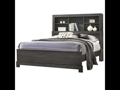 King-Sized Gray Oak Wood Frame Upholstered Bed with Bookcase Storage