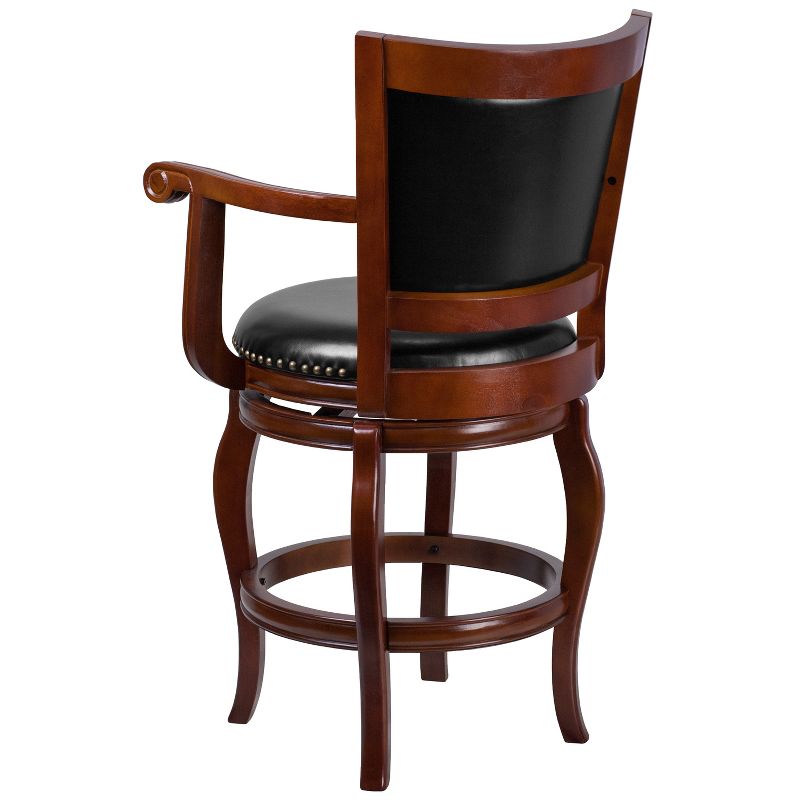 Flash Furniture 26'' High Cherry Wood Counter Height Stool with Arms, Panel Back and Black LeatherSoft Swivel Seat, 4 of 8
