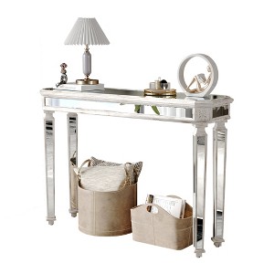 TiramisuBest 48" Vintage Mirror Console Table,Oak & Silver Wood Grain Carved Entryway Sofa Table for Living Room, Elegant Design,Oak+Silver - 1 of 4