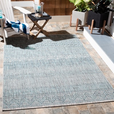 Grey and Teal Square Synthetic Indoor/Outdoor Rug