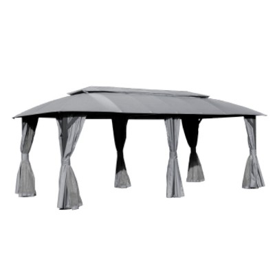 DOMETOUR 10x20ft Outdoor Gazebo with Double Roof, Curtains, Nettings, Heavy Duty Metal Frame Patio Canopy Tent Shelter for Garden Backyard, Gray