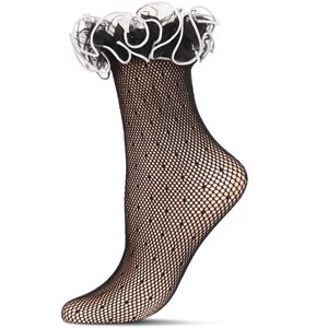 Memoi Women's Swiss Dot Ruffle Lace Cuff Sheer Crew Socks - 1 of 3