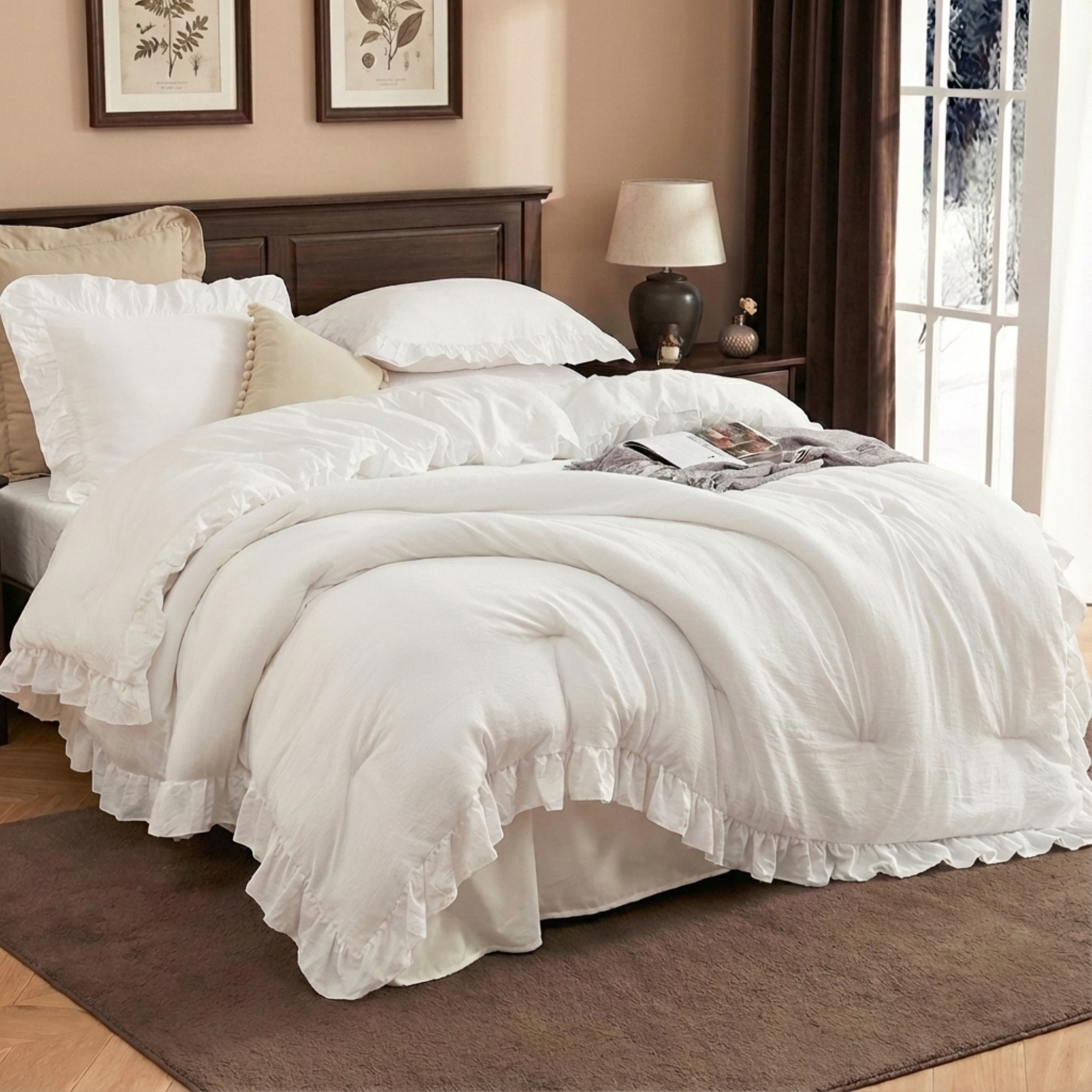 3 Pcs Queen Ruffle Comforter Set, Soft Washed Microfiber Lightweight & Fluffy All-Season Bedding Comforter Set with Shams, White, 90x90 in