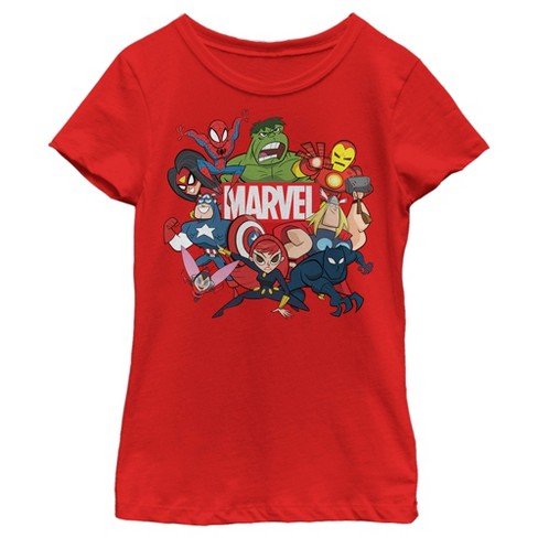 Girl s Marvel Animated Group Logo T Shirt Red Large