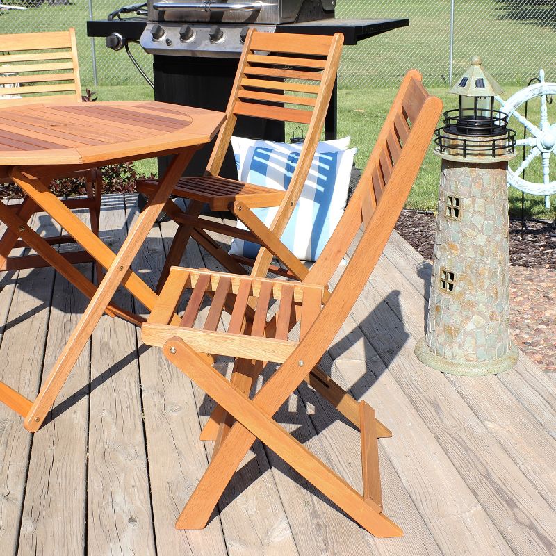 Sunnydaze Outdoor Meranti Wood with Teak Oil Finish Wooden Folding Patio Bistro Chairs Set - Brown - 2pk, 5 of 15