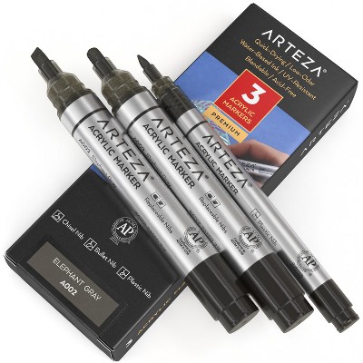 Arteza Acrylic Markers (A002 Elephant Gray), 2 Big Barrel (chisel+bullet nib) + 1 Small Barrel, Single Color - 3 Pack (A