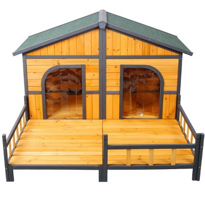 LAOTIES Wooden Large Dog House Outdoor,Double Dog Weatherproof Kennel with Porch And Elevated Floor