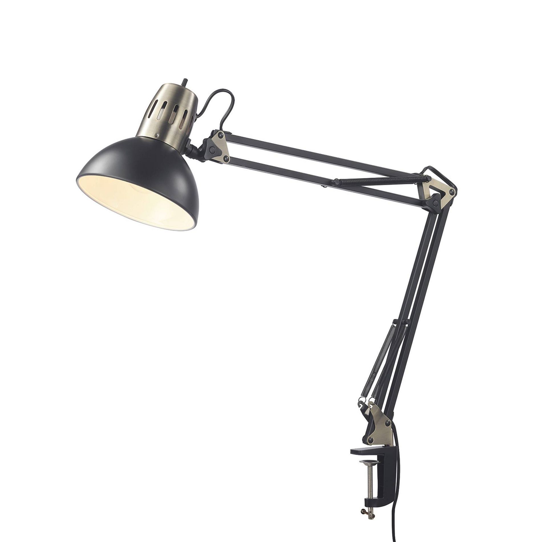 Globe Electric 32" Matte Black Multi-Joint Desk Lamp with Metal Clamp Base and Antique Brass Accents: ETL Listed, Iron Body, 6' Cord