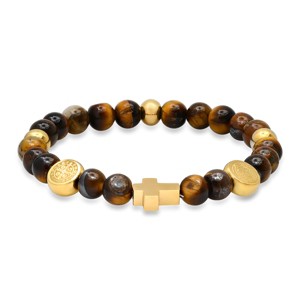 Steeltime Men's genuine tiger eye beaded bracelet and stainless steel St. Benedict and cross charms. Color Option: Silver, Gold - 1 of 4