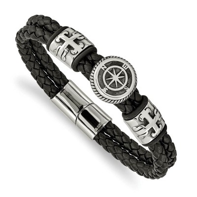 Black Bow Jewelry Stainless Steel & Black Leather Antiqued Compass Bracelet, 8.25 Inch