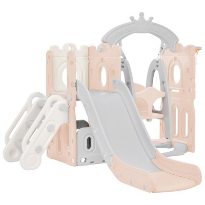 5 in 1 Toddler Slide and Swing Set, Outdoor Toddler Playset with Basketball Hoop, Baby Slide for Toddlers