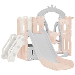 5 in 1 Toddler Slide and Swing Set, Outdoor Toddler Playset with Basketball Hoop, Baby Slide for Toddlers - 1 of 4