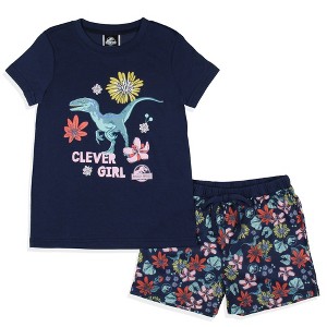 Jurassic World Girls' Movie Film Clever Girl Sleep Pajama Set Shorts Blue - 1 of 4