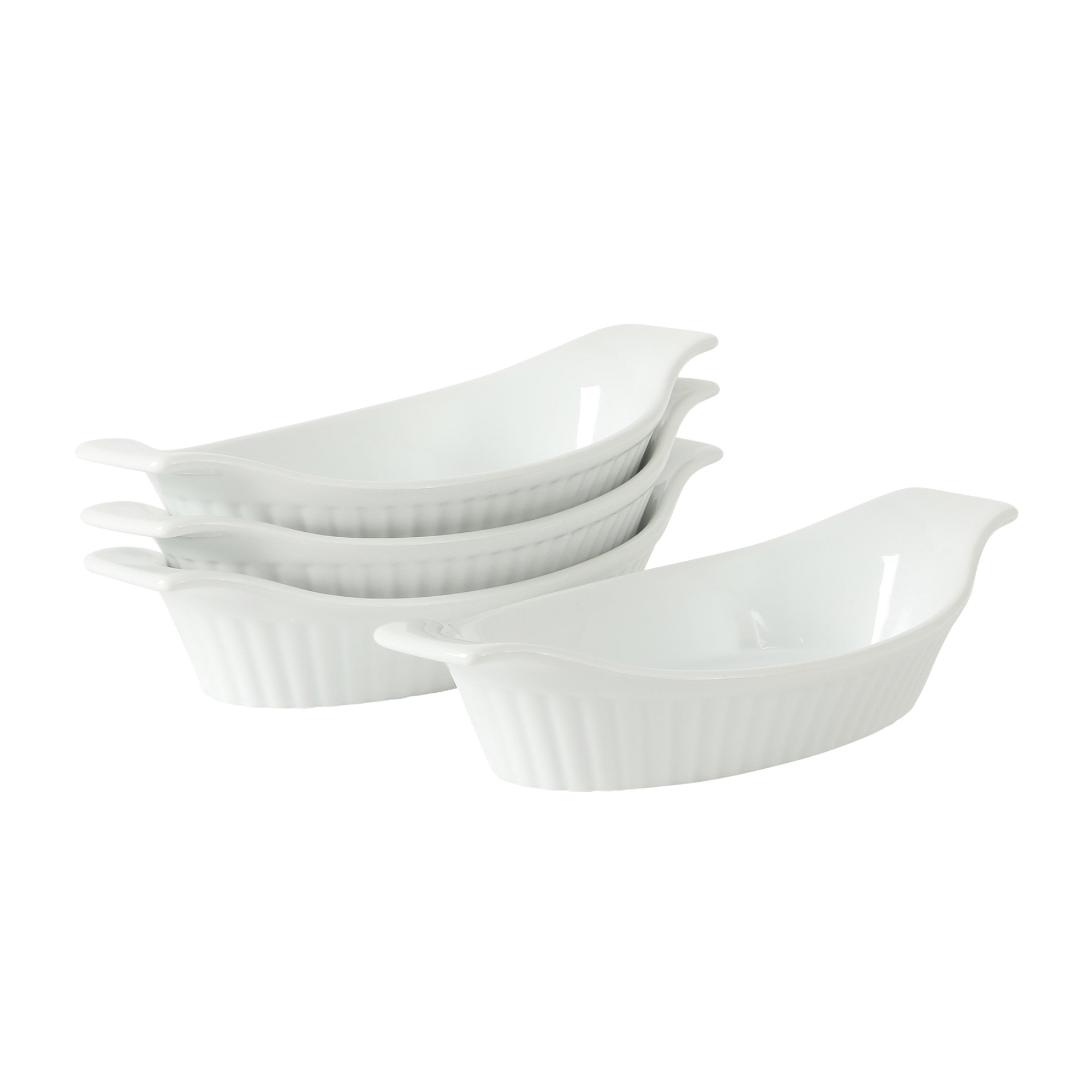 Gibson Home Gracious Dining Oval Au Gratin Baking Dishes, 4-Piece Set – 9 oz Oven Safe Banana Split Bowls - White