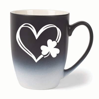 Elanze Designs Heart Outline With Three Leaf Clover Two Toned Ombre Matte 10 ounce New Bone China Coffee Tea Cup Mug, Black and White