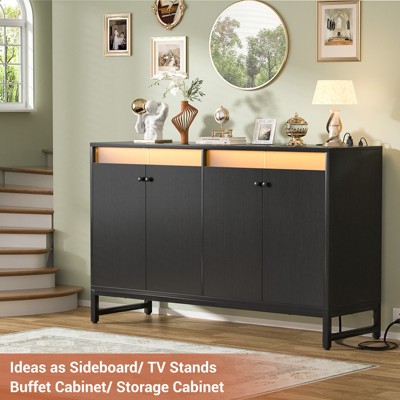 Aheaplus Storage Buffet Cabinet with LED Lights, Coffee Bar with Charging Station