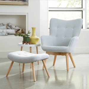 2pc Tufted Fabric Mid-Century Modern Lounge Chair with Ottoman Solid Honey Beechwood Legs Light Gray - OFM