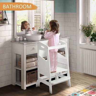 Image of Kid's Kitchen Helper Stool,Three-Level Adjustable Toddler Standing Tower with Chalkboard and Safety Rail,Made of Solid Wood with Anti-Slip Features