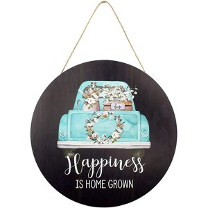 AuldHome Design Happiness is Home Grown Rustic Door Sign; Round Wood Farmhouse Style Wall Plaque w/ Old Truck and Spring Flowers - 1 of 4