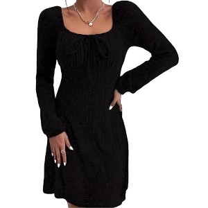 Coolmee Women's Square Neck Fall Long Sleeve Mini Dress Tie Front Ribbed Knit Short Sweater Dresses - 1 of 4