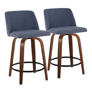 Toriano Mid-Century Modern Fixed-Height Counter Stool with Swivel, Wood, and Blue Fabric Upholstery by LumiSource - Set of 2 - 1 of 4