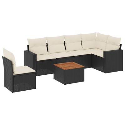 vidaXL 7 Piece Patio Sofa Set with Cushions Black and Cream Poly Rattan - 3x Middle + Table + Corner