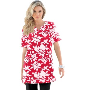 Roaman's Women's Plus Size Print Notch Neck Soft Knit Tunic - 1 of 4