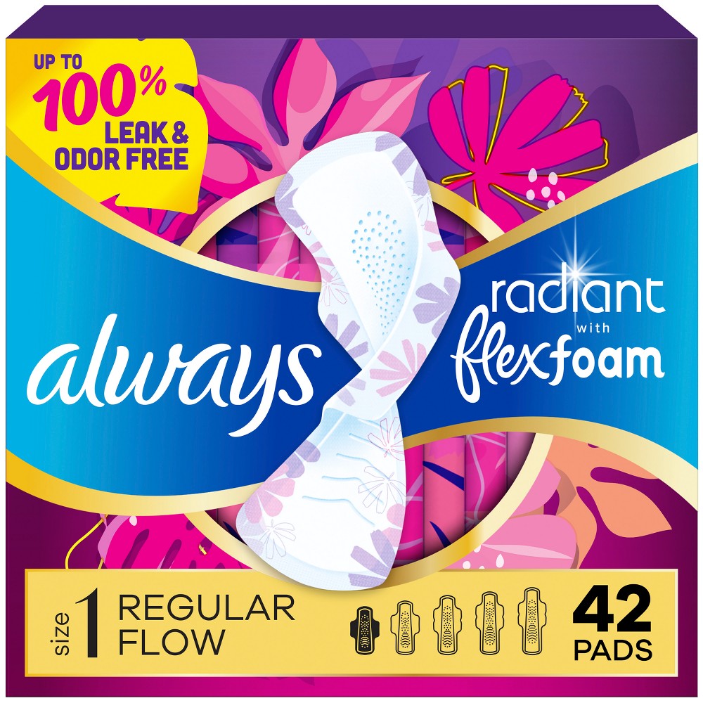 always radiant regular absorbency pads with wings - scented - size 1 - 42ct