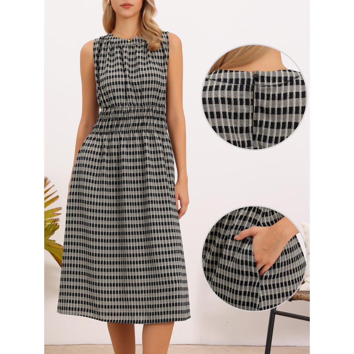 Женские платья INSPIRE CHIC Women's Sleeveless Plaid Crew Neck Smocked Waist A-Line Midi Dress Small Black — фото 2