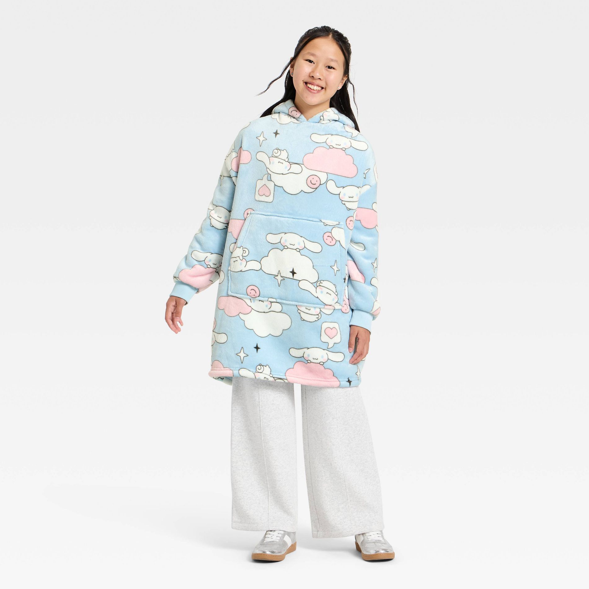 Girls' Sanrio Cinnamoroll Oversized Plush Hooded Sweatshirt - Pink/Light Blue/White