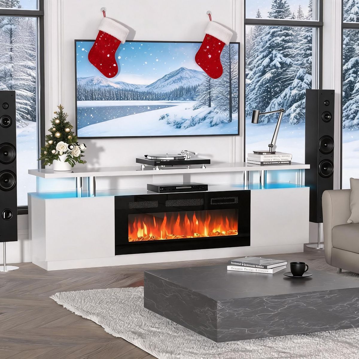 Garvee 80" TV Stand with 36" Elec. Fireplace, 12 Flame, 1500W, for 90" TVs - thumbnail 7