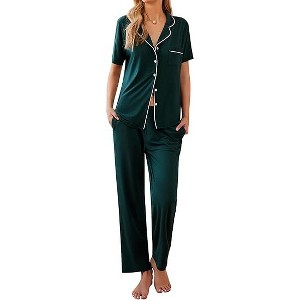 Ekouaer Women Pajamas Set Button Down Sleepwear Short Sleeve Nightwear with Long Pants Soft Pjs Set - 1 of 4