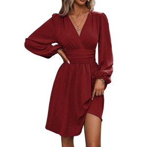 Mini Deep V Sexy Long Sleeve Dress for Women A-Line High Waisted Casual Flowy Dress for Cocktail Wedding Guest - 1 of 4