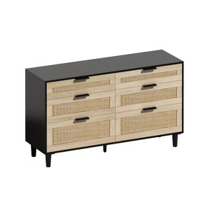 TIRAMISUBEST 51" Rattan Black Dresser for Bedroom, 6 Drawer Dresser, Clothes Storage Cabinet, Metal Handle&Wood Legs for Hallway, Living Room, Bedroom - 1 of 4