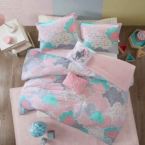 4 Pcs Lovely Cloud Print Cotton Duvet Set, All Season Home Textile fits Child's Bedroom Decor, Pink, Twin - image 1 of 4