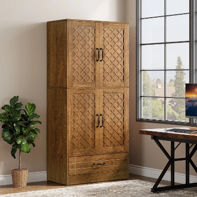 Tall Brown MDF Bookcase with Diamond Carved Cabinet and Drawer
